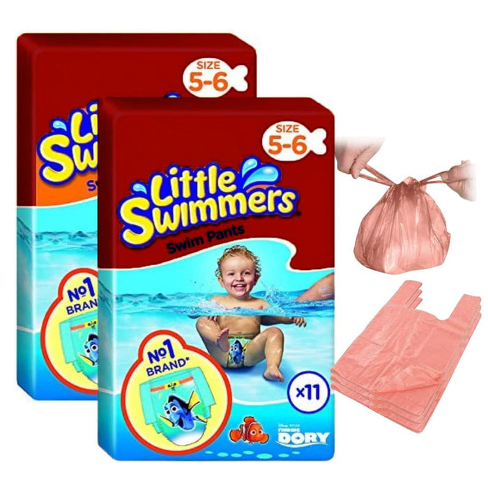 Little Swimmers Disposable Swim Nappies Size 5–6 (12–18kg) – Waterproof Baby Swimming Nappies with Nappy Bags (22 Pack)