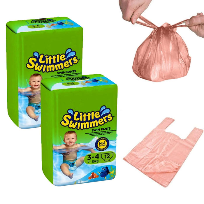 Little Swimmers Disposable Swim Nappies Size 3–4 (7–15kg) – Waterproof Baby Swimming Nappies with Nappy Bags (22 Pack)
