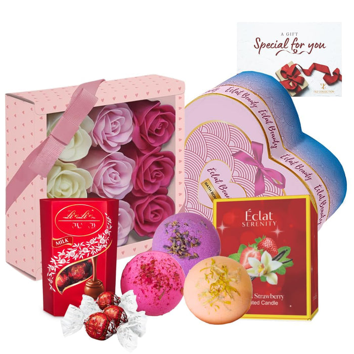 Éclat Beauty & Indulgence Gift Set – Rose Soap Box, Bath Bombs, Candle & Chocolates