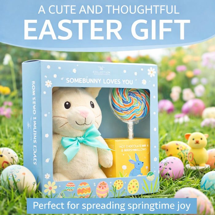Somebunny Loves You Easter Bunny Gift Set – Plush Teddy, Swirl Lollipop & Hot Chocolate with Marshmallows