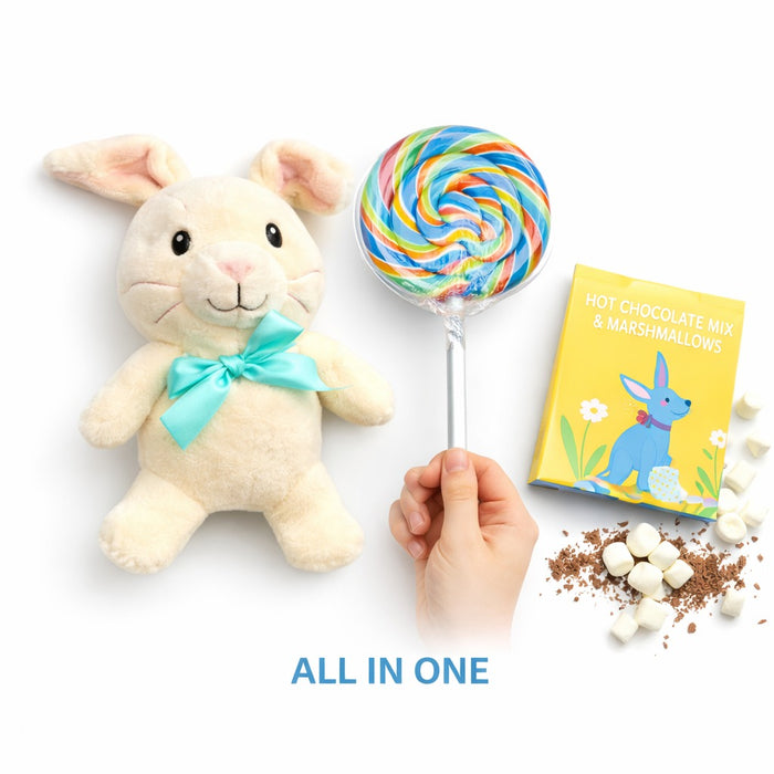 Somebunny Loves You Easter Bunny Gift Set – Plush Teddy, Swirl Lollipop & Hot Chocolate with Marshmallows
