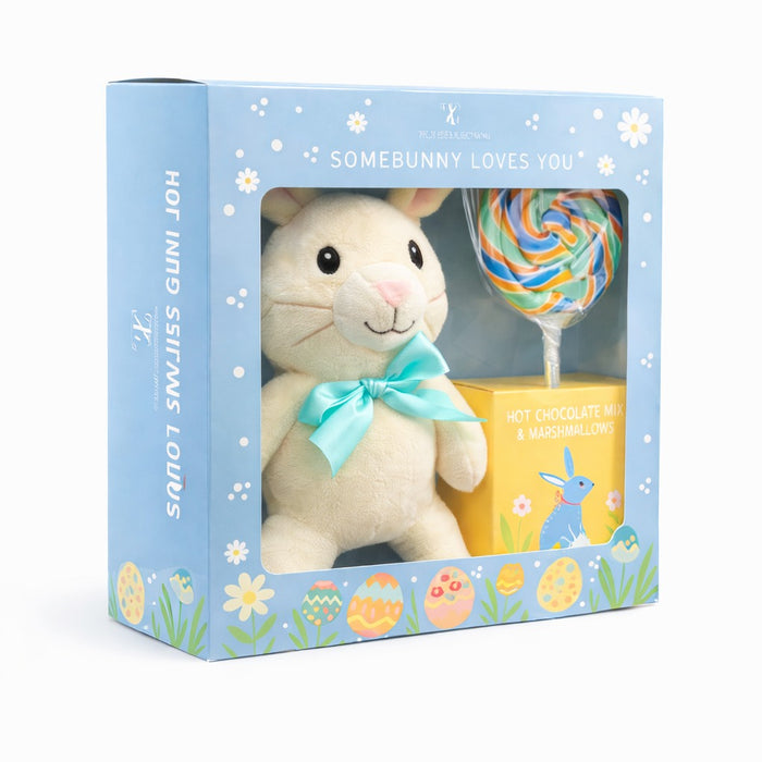 Somebunny Loves You Easter Bunny Gift Set – Plush Teddy, Swirl Lollipop & Hot Chocolate with Marshmallows
