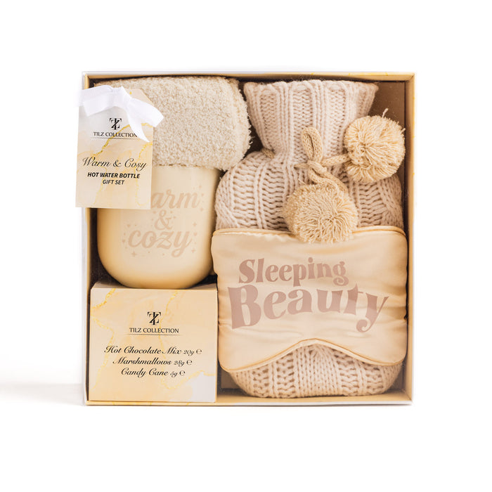 Warm & Cozy Relaxation Gift Set – Hot Water Bottle, Mug, Marshmallows & Socks