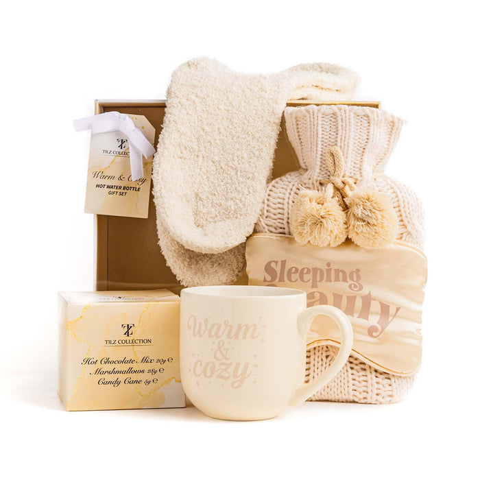 Warm & Cozy Relaxation Gift Set – Hot Water Bottle, Mug, Marshmallows & Socks