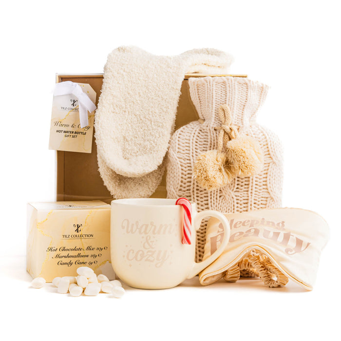 Warm & Cozy Relaxation Gift Set – Hot Water Bottle, Mug, Marshmallows & Socks